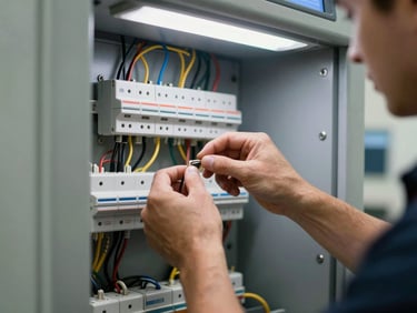 Close-up of an electrician's hands routing low-voltage wiring inside an ATM enclosure cabinet, conduit and junction boxes visible, naturalistic overhead fluorescent lighting in a banking facility back room