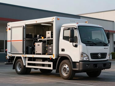 Storm Electric service truck parked outside a commercial building, afternoon light, equipment visible in open rear compartment