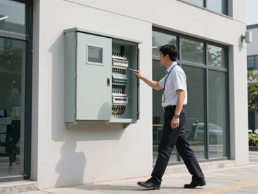 Wide shot of a property manager walking the exterior of a commercial office building reviewing an electrical panel cabinet mounted on the building wall, available daylight, professional work attire