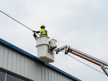 Electrician at height in a bucket truck aerial platform servicing overhead utility lines alongside a commercial building, overcast daylight, safety harness visible
