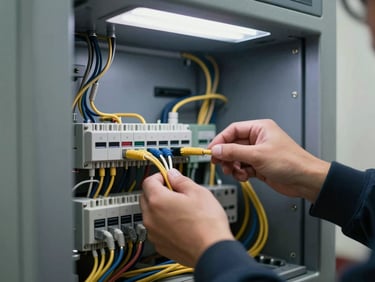 Close-up of structured wiring and power connections inside an ATM equipment cabinet, technician's hands visible routing cables, on-site fluorescent lighting