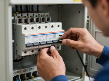 Close-up of an electrician's hands installing circuit breakers inside a residential main electrical panel, available light, real job site conditions