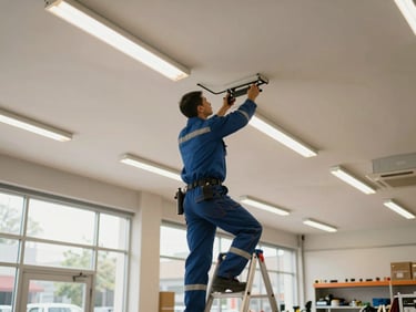 Wide shot of a commercial retail space ceiling with fluorescent and LED fixtures being serviced by an electrician on a ladder, natural daylight from storefront windows