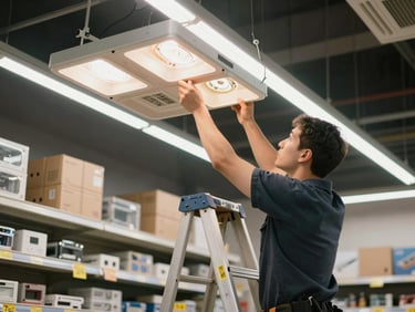 Interior of a retail store during electrical lighting installation, technician on a ladder adjusting commercial overhead fixtures, store shelving visible, on-site tungsten and daylight mix