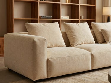 A luxury minimalist modular sofa in a warm beige fabric, elegant living room setting, soft architectural lighting, 35mm