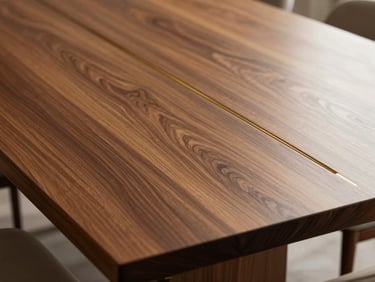 Close-up of a luxury dining table with a high-gloss PU-polished teak surface, warm side-lighting, elegant minimalist styling.