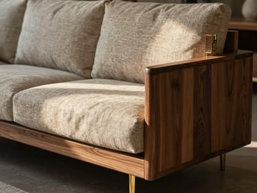 An architectural deep-seated sofa with rich textured linen upholstery and a solid walnut base, warm sunlight streaming from the side.