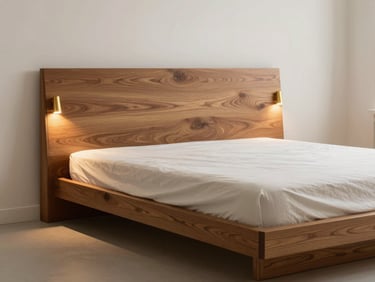 A low-profile platform bed in a bright bedroom, featuring seamless wood grain matching on the headboard, soft side-lighting.