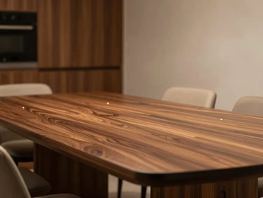 Architectural digest style photo of a modern dining room with a large PU-polished dining table under soft warm lighting, showing rich wood textures