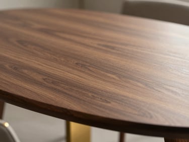 Macro detail of a polished walnut dining table surface, warm side-lighting, gold accents, shallow depth of field, architectural digest style