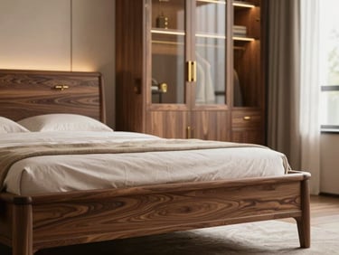 Warm editorial close-up of a luxury master bedroom featuring a custom walnut bed frame and seamlessly integrated wardrobes, soft window light