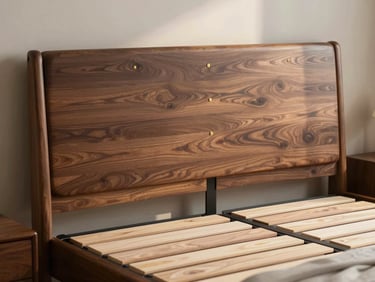 A premium walnut bed frame with an integrated headboard, soft morning light, editorial bedroom styling, shallow depth of field