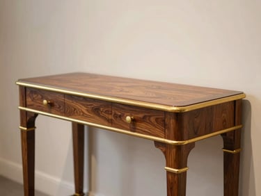 A bespoke hand-carved console table with gold accents, shot in an elegant gallery setting with soft side-lighting.