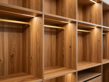 Floor-to-ceiling modular wardrobes with integrated warm lighting, showcasing clean lines and premium wood veneers.