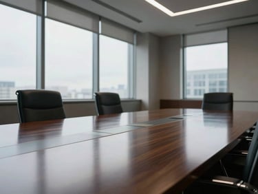 An empty high-end corporate boardroom with natural overcast light streaming through large windows, reflecting off a polished dark wood table, clean and professional