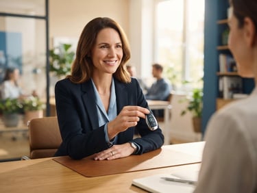 Medium close-up of a professional advisor in a bright natural office holding a car key over a clean wooden desk, shallow depth of field, warm editorial photography.