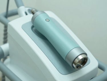 Close-up of a high-end shockwave therapy device, clean clinical light, soft teal tones
