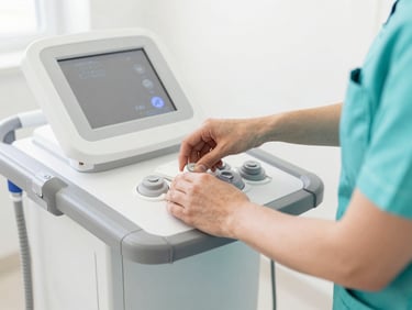 Hands of a therapist adjusting sensors of a modern tecartherapy machine, bright clinical setting