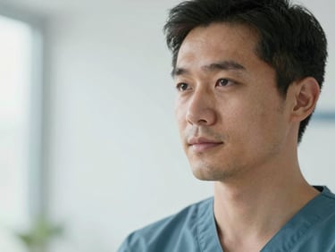 Close-up portrait of a professional male physiotherapist in a bright clinical setting, 50mm, high trust medical editorial