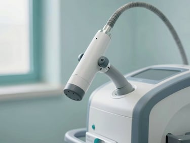 Close-up of a high-power therapeutic laser device in a pristine medical office, natural daylight