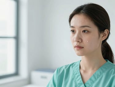 Close-up portrait of a professional female physiotherapist looking focused in a clean clinic, 50mm, clinical light
