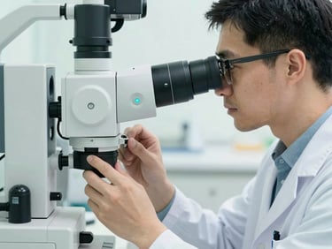 Close-up portrait of a male clinical researcher adjusting a therapeutic device, bright natural light, 50mm