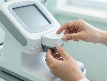 Close-up of clinical hands adjusting a modern therapeutic device, bright natural light, soft teal and slate tones, high-end medical editorial