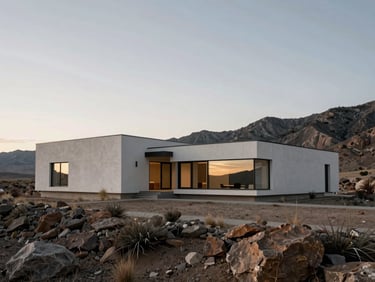 Wide environmental shot of a minimalist luxury home integrated into the rugged Utah mountain landscape, low-angle golden hour, high-end editorial