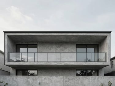 Straight-on architectural elevation of a minimalist steel and concrete residential facade, soft overcast daylight, desaturated cool tones, high-end editorial