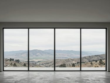 Interior spatial design of a minimalist living room featuring expansive floor-to-ceiling windows overlooking Utah valley, soft overcast daylight