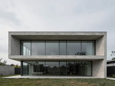 Straight-on minimalist architectural concrete and glass home elevation, soft overcast daylight, desaturated cool tones, high-end editorial photography