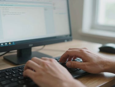Close-up of a GP's hands typing on a keyboard, a clinical software screen visible in soft focus behind, natural indoor light from a window to the right, calm and concentrated