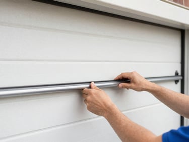 Technician's hands adjusting a garage door track, focused on the roller, clear garage lighting.