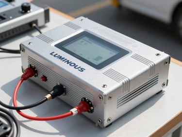 A professional close-up of a dual-battery Luminous inverter setup, showing clean wiring and digital status screen, bright daylight