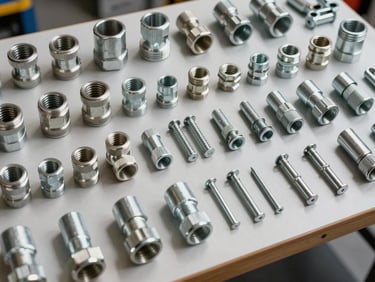 Overhead catalog-style shot of an organized hardware workbench, galvanized pipe fittings, electrical conduit connectors, and steel fasteners arranged in rows by size and type, direct neutral studio lighting, crisp shadows, no people, materials filling the full frame