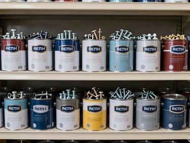 Overhead shot of paint cans and hardware fasteners — bolts, screws, nails — organized in rows on a warehouse shelf, neutral strobe lighting, clean catalog framing