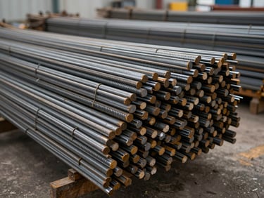 Wide environmental shot of steel rebar bundles and angle bars stacked on warehouse shelving, neutral overhead warehouse lighting, sharp metal sheen on bar ends, no people