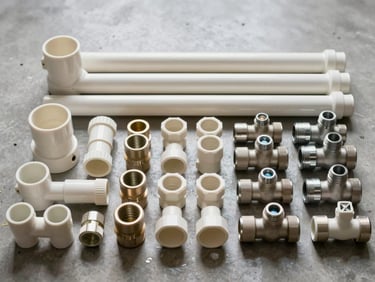 Overhead catalog view of PVC pipes, pipe fittings, and plumbing valves arranged in organized rows on a concrete floor, neutral strobe lighting, clean white background reflection