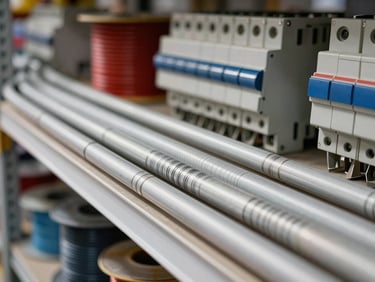 Macro close-up of organized electrical conduit pipes, wire spools, and circuit breaker boxes on a warehouse shelf, direct daylight-balanced lighting, sharp detail on conduit threading