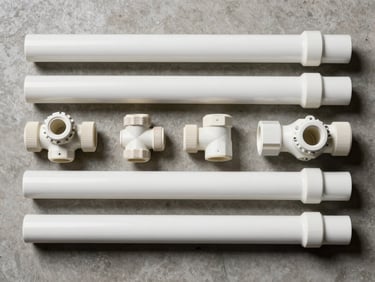 Overhead catalog arrangement of PVC pipes, fittings, and gate valves laid flat on a concrete surface, direct overhead strobe lighting, clean shadow lines, no people