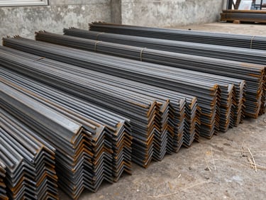Wide environmental shot of steel rebar bundles and metal angle bars stacked on a warehouse floor, receding depth, direct daylight-balanced lighting, industrial environment with concrete walls