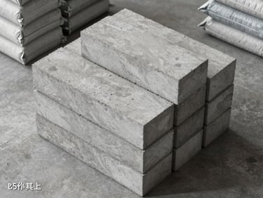 Overhead catalog shot of stacked concrete hollow blocks and cement bags on a warehouse floor, direct neutral studio lighting, crisp shadow detail on block texture, no people