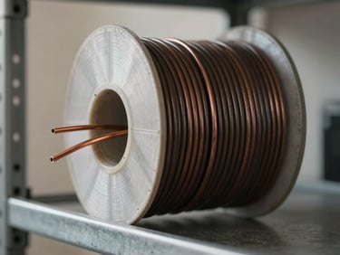 Macro close-up of coiled electrical wire spools on a metal shelf, neutral daylight from the left, copper conductor visible at cut ends, sharp focus on insulation texture