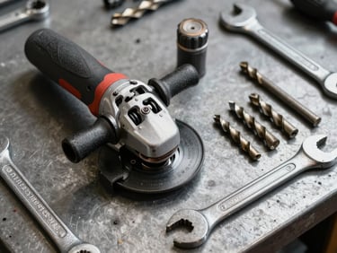 Close-up of industrial hand tools — angle grinder, drill bits, wrenches — laid flat on a metal workbench, direct overhead strobe, sharp shadow-free lighting showing tool texture
