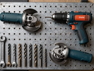 Organized tool pegboard showing angle grinders, drill bits, and wrenches in working position, direct neutral strobe lighting, sharp metal surface detail, no people