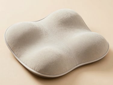 An ergonomic lumbar support cushion showing precise seam-to-seam stitching, neutral warm background
