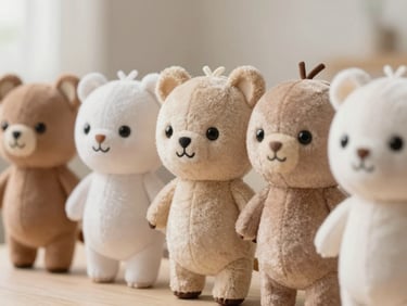 An editorial product shot of custom plush character dolls standing in a row, soft natural lighting, warm neutral background