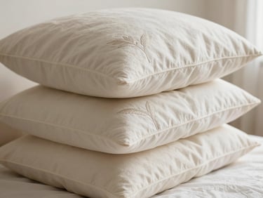 A neat stack of custom-shaped throw pillows with elegant minimalist embroidery, soft natural lighting on fabric folds