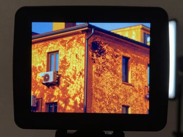 Extreme close-up of a thermal imager screen showing a building facade thermal scan — moisture ingress visible as dark cool patches against warm wall surface in false colour, screen sharp and bright, surrounding imager body in shadow, studio strobe from the right edge