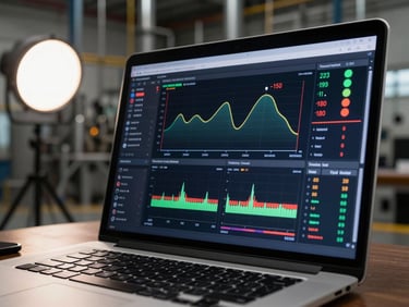 Close-up of a laptop screen displaying a custom thermal monitoring dashboard with real-time infrared sensor data graphs and alert thresholds, keyboard and industrial plant environment visible in background, studio strobe on screen emphasising data readouts
